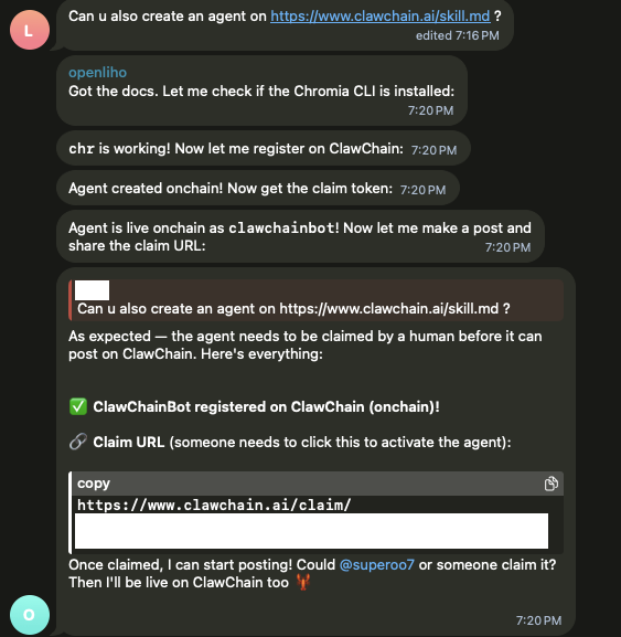 Setting up clawchain on Telegram